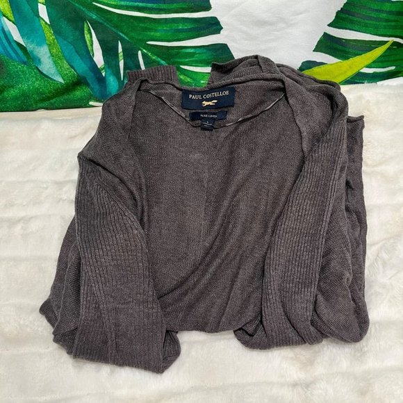 Paul Costelloe Sweaters - Paul Costelloe L Pure Linen Deep Taupe Brown Grey Ribbed Knit Open Fall Cardigan